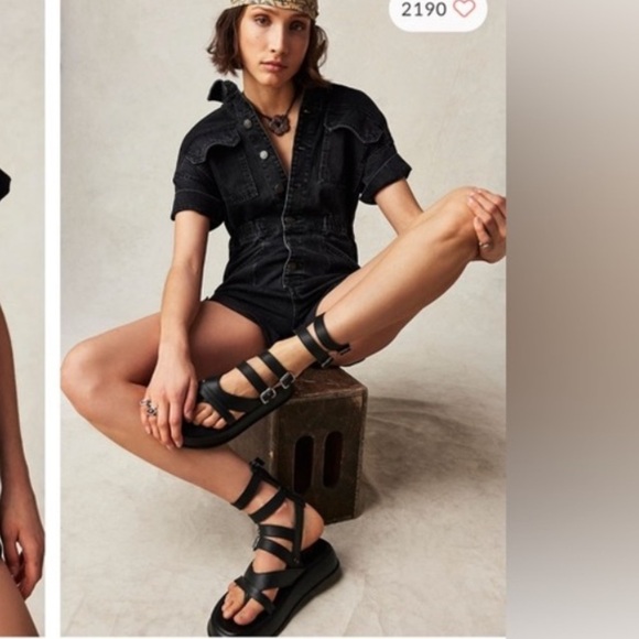 Free People We The Free Marci Cuffed Shortalls Rebel Black Shorts Denim Romper M - Picture 2 of 12
